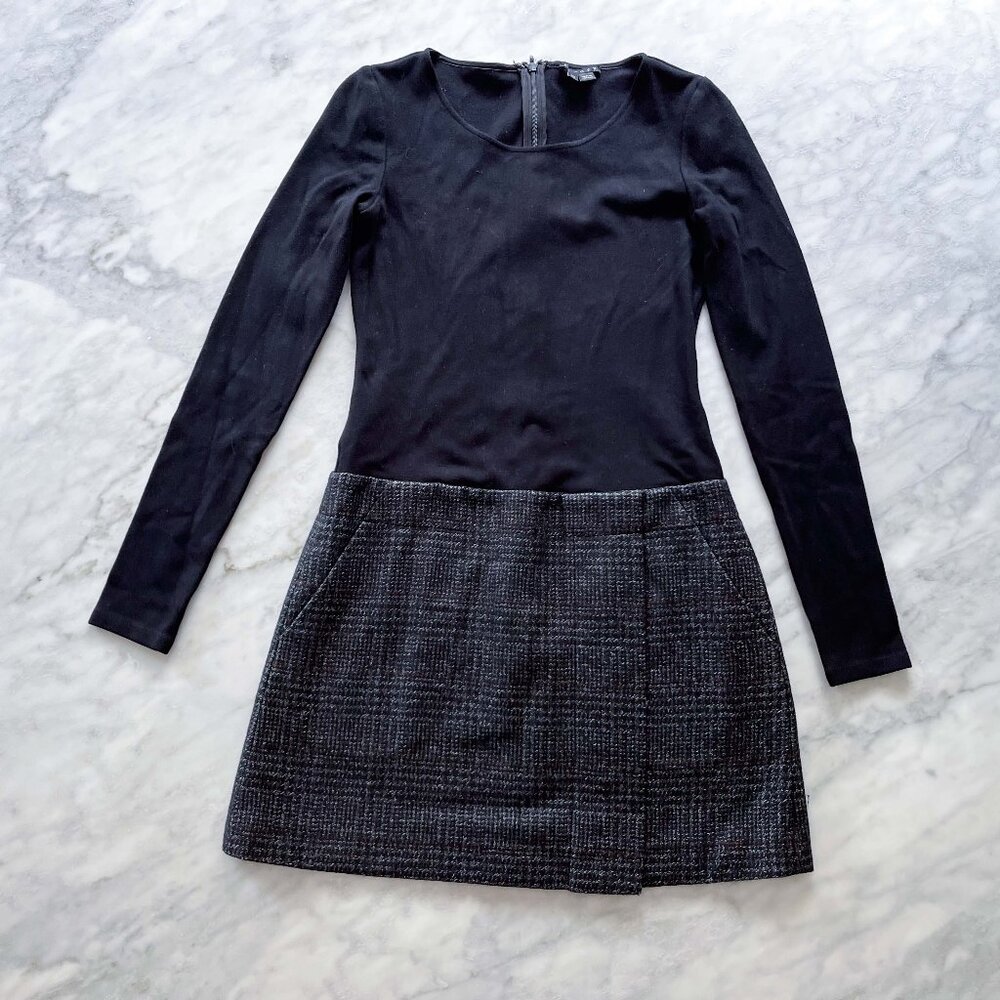 Theory Black Long Sleeve Mini Dress with Tweed Skirt Detail, Size 00
